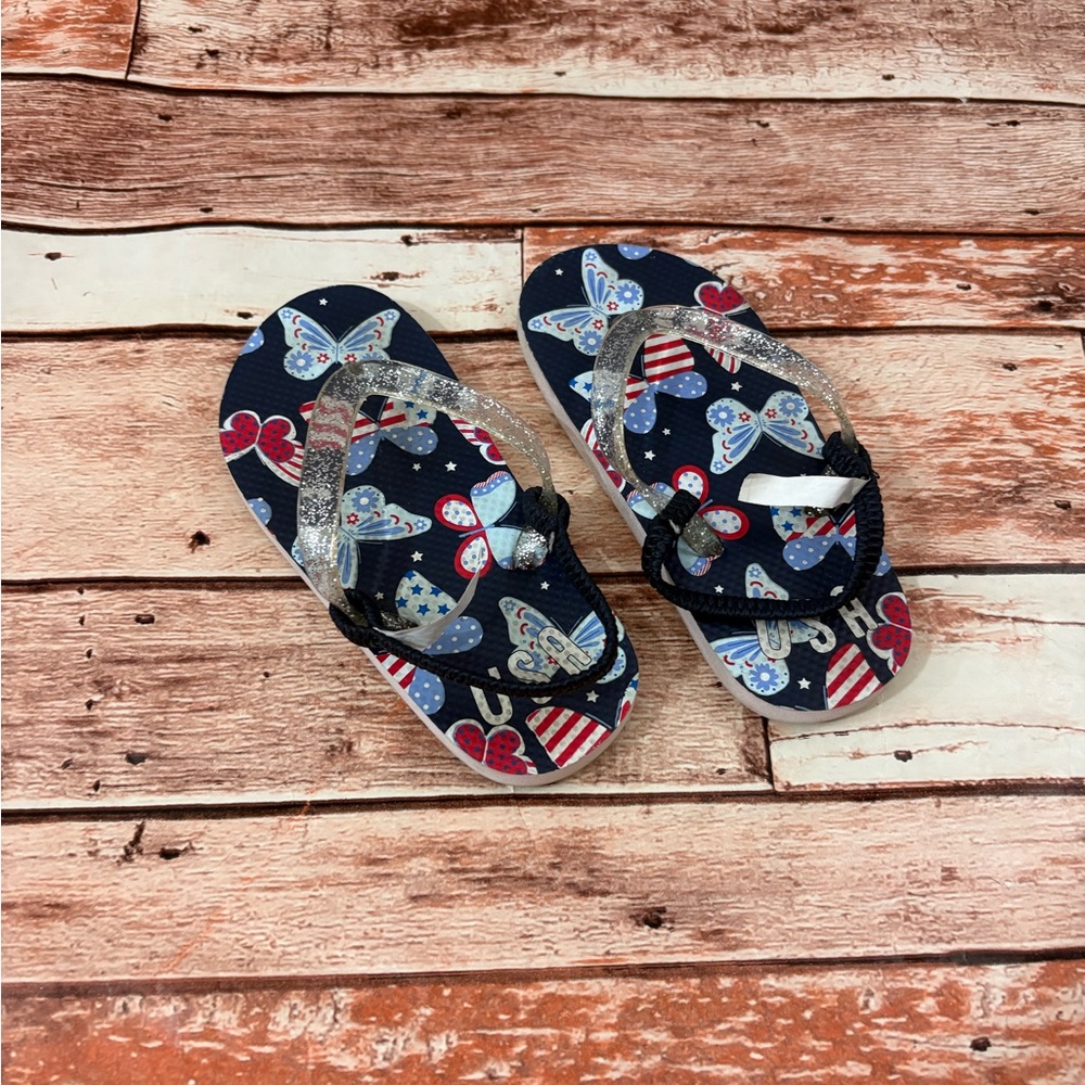 Navy Butterfly & Patriotic Print Glitter Strap Flip Flops